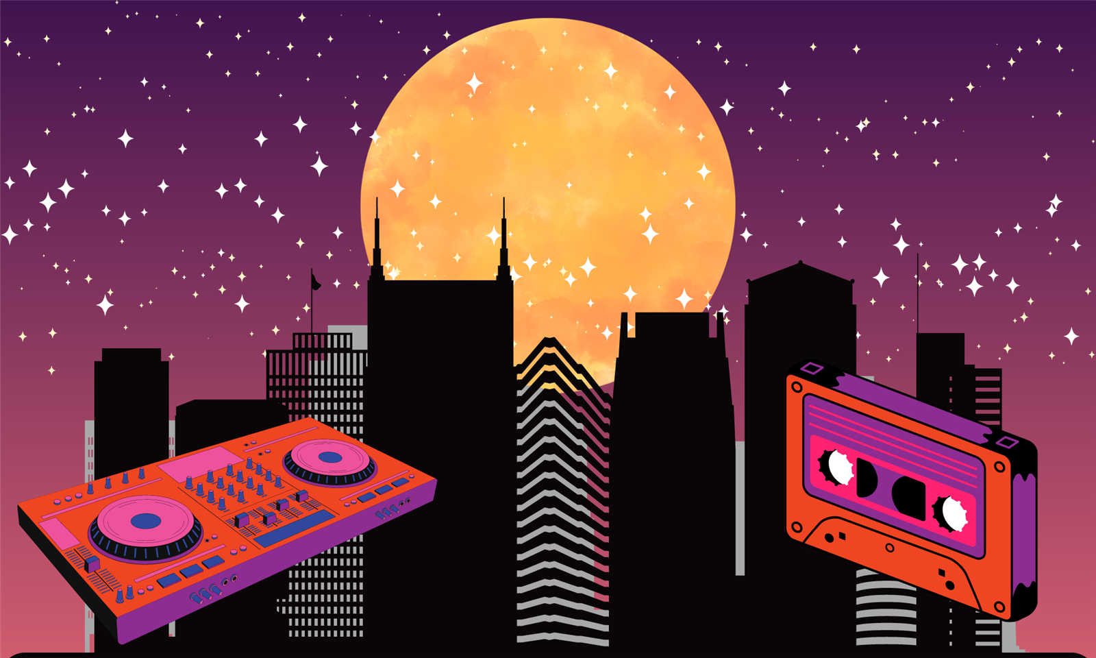 Graphic with Nashville skyline and retro music technology